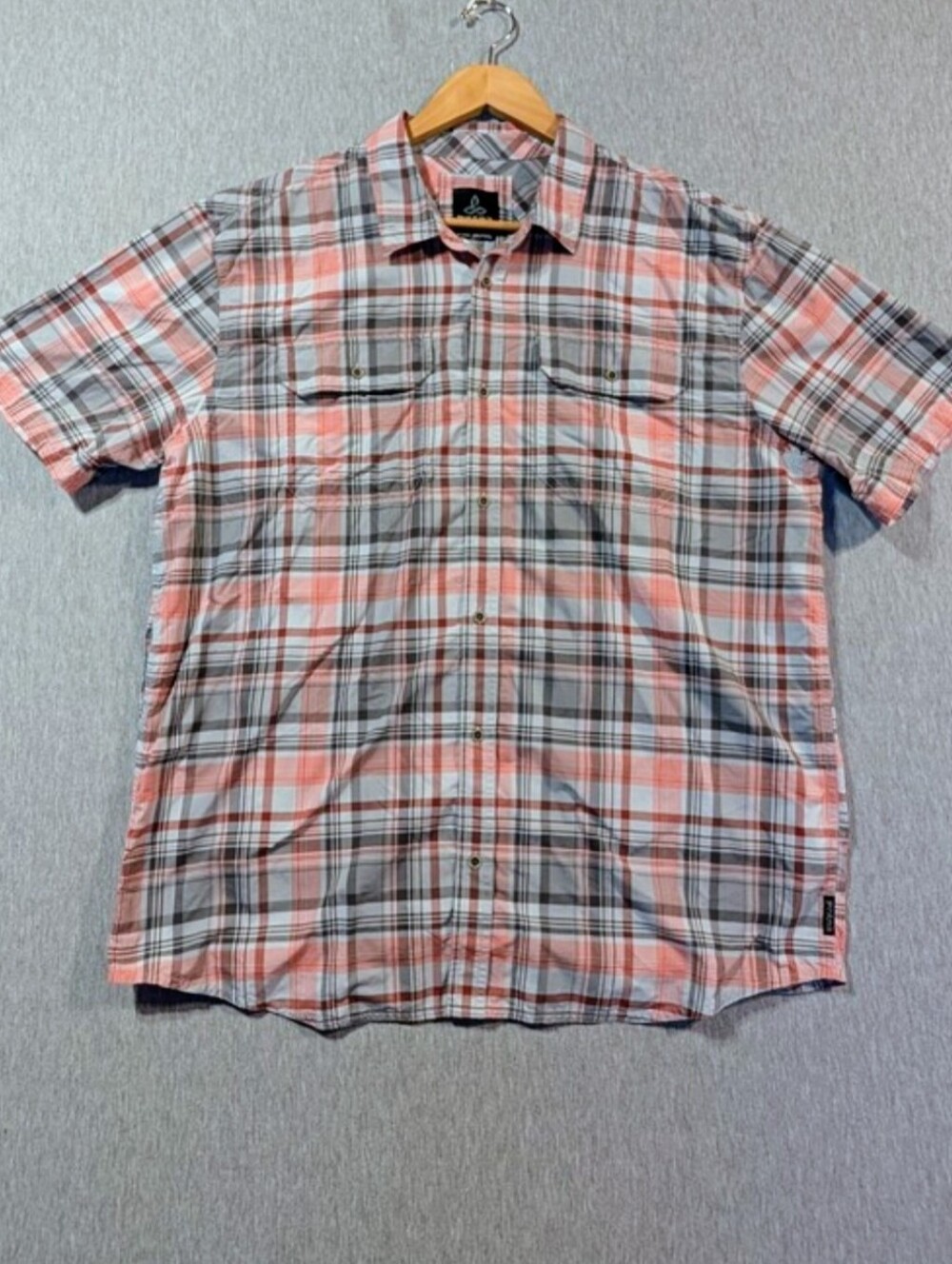 Prana Nylon Button Plaid Shirt Men's XL Gray Orange Lightweight